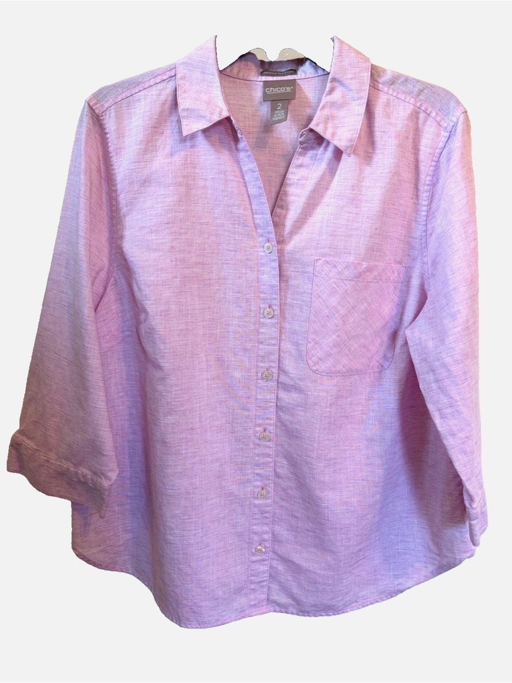Chico’s Wrinkle Resistant Linen Cotton Shirt 2 L Pink Button Front 3/4 Sleeves